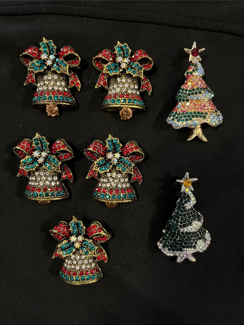 Swarovski Multicolor Crystal Christmas Bell and Tree Brooch Set